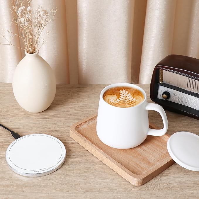 APEKX Self-Heating Ceramic Coffee Mug - Stable 130°F Temperature, 15W Wireless Phone Charging, 12.8 fl oz Capacity - USB-C Enabled. (White)