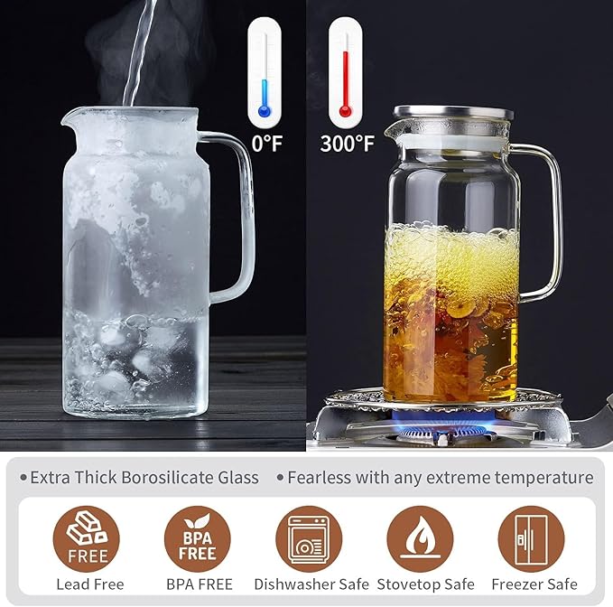 53OZ Glass Pitcher with Lid and Spout, Water Jug, 1580ml Carafe for Hot/Cold Water, Large Iced Tea Pitcher for Coffee, Juice and Homemade Beverage