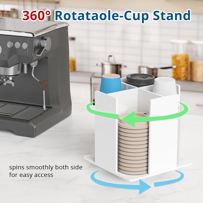 Cup and Lid Holder, 4 Compartment, Square | Rotating Coffee Cup Dispenser Lid Carousel for Restaurant, Buffet, Coffee Station, Bar, Countertop, White Acrylic