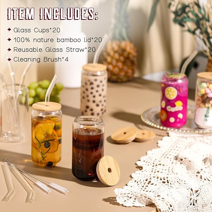 NETANY 20 Pack Glass Cups with Lids and Straws 16 oz, Personalized Customizable Glasses for Gift, Business, Drinking glasses set, Iced Coffee Cup, Cute Aesthetics Tumbler for Tea, Homemade Drinks