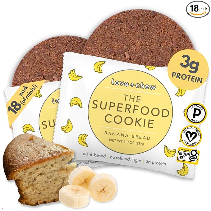 Love + Chew Superfood Soft Baked MINI Cookies, Banana Bread Flavor, Plant Based Cookie Made With Almonds, Chia Seeds, & Bananas for Kids and Adults, Vegan Snacks, Gluten Free, Paleo, Non GMO, 18 Pack