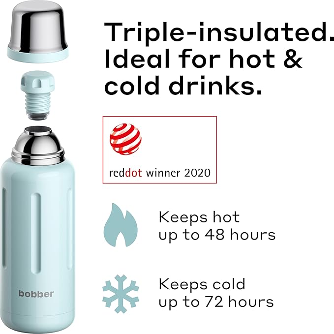 BOBBER 34 oz Stainless Steel Travel Thermos for Hot and Cold Drinks – Dishwasher Safe Metal Water Bottle with Cup Lid – Keeps Hot for 48 Hours – BPA-Free, Vacuum Insulated (Light Blue)