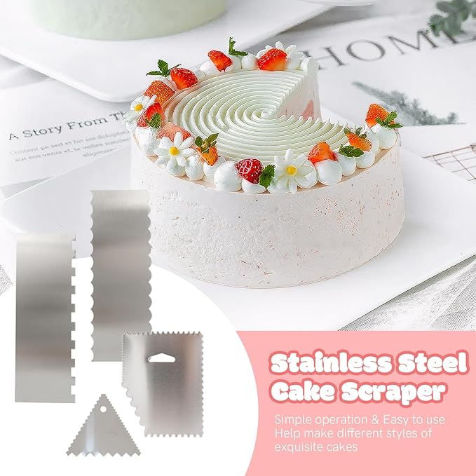 4 PCS Cake Scraper, Stainless Cake Smoother, Icing Smoother, Side Pattern Edge Stripes with Smooth Edges for Pastry Cutting and Mousse Cream Cake Decoration