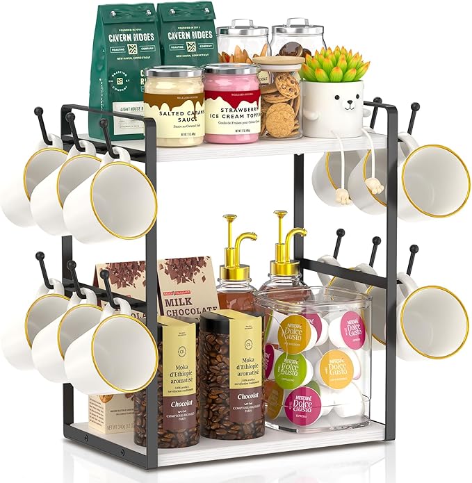 EsLuker.ly 2 Tier Coffee Mug Holder Station Bar Organizer Countertop, Mug Cup Tree Rack for Kitchen Office, Storage Shelf with 12 Hooks, Creat Stylish Coffee Corner, White-Black