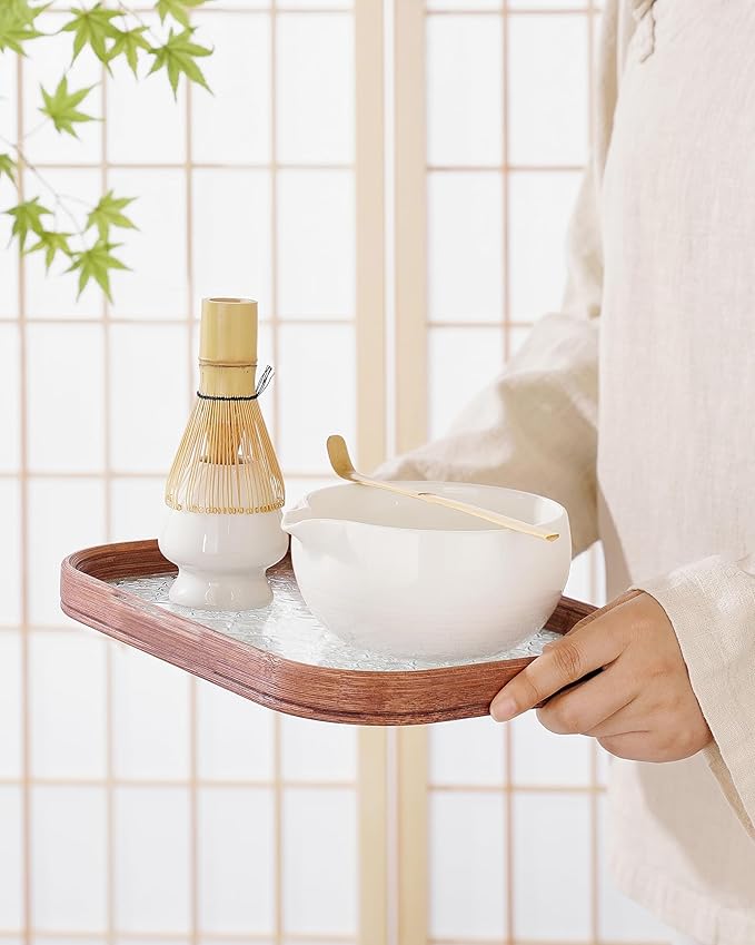 ZENS Matcha Whisk Set, 15oz Ceramic Matcha Bowl with Spout and Bamboo Whisk, Whisk Holder (Chasen), Scoop & Tea Towel, 5pcs Matcha Tea Kit Gift for Matcha Lovers, White