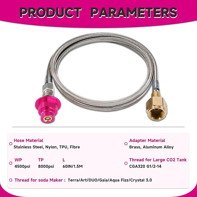 Pink Quick Connect CO2 Adapter 60in Hose Kit, CGA320 CO2 Cylinder Tank Direct to Sparkling Water Soda Maker for Terra DUO Art Gaia Aqua Fizz
