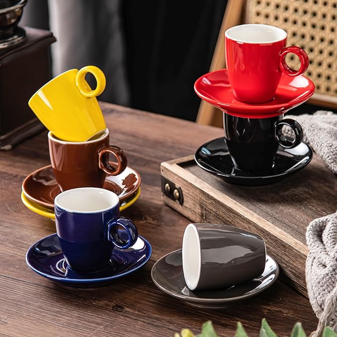 2.5oz Espresso Cups with Saucers Set, Colorful Coffee Cups Set, Ceramics Tea Cup with Handle, Coffee Mugs Set of 6, Assorted Colors