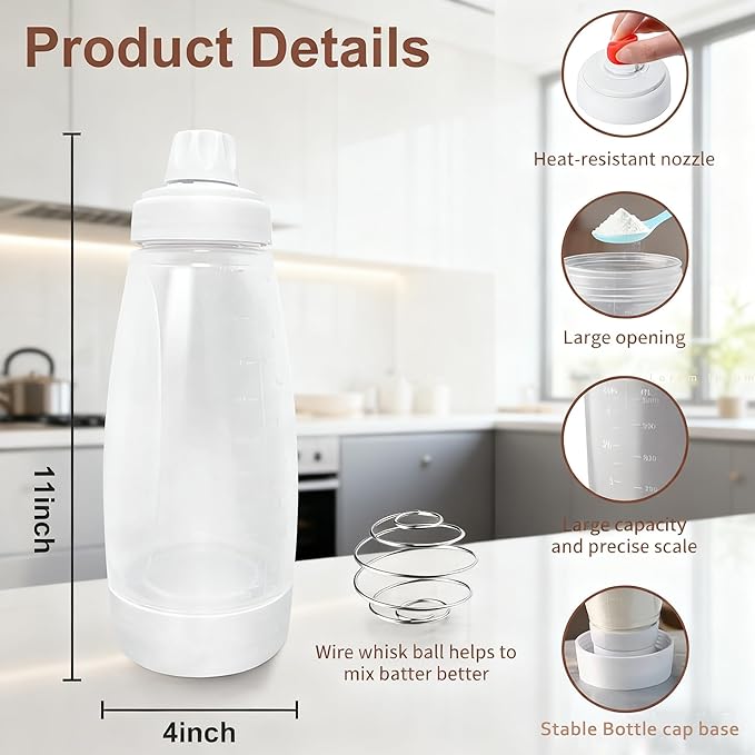 Batter Mixer and Dispenser with Whisk Ball, 1000ml Silicone Squeeze Pancake Batter Dispenser and Mixer, Stand Base and Leak-proof Sealing Ring for Pancakes Crepes Waffle Muffins Cupcakes
