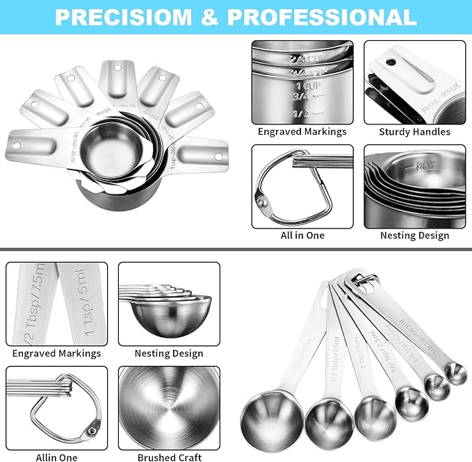20-Piece Measuring Cups and Spoons Set, Nesting Stainless Steel Measuring Cups Spoons with Plastic Measuring Cup for Dry and Liquid Ingredients, Kitchen Cooking & Baking Gadgets