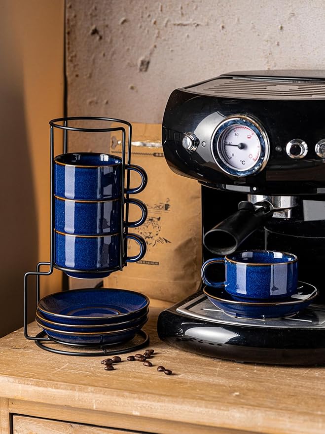 Gomakren 6 Ounce Cappuccino Cups with Saucers and Metal Stand, Stackable Coffee Cup Set of 4, Porcelain Espresso Cups for Coffee Drinks, Cappuccino, Latte, Americano, Tea, Cobalt Blue