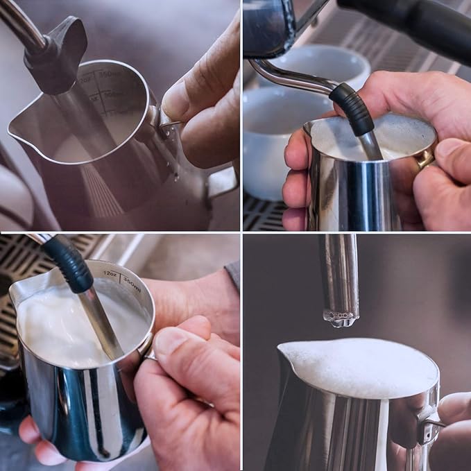 12oz Milk Frothing Pitcher, Stainless Steel Espresso Latte Cup Steaming Pitcher Creamer Cup, Milk Frother Cup Espresso Machine Accessories Barista Tools Jug for Coffee Cappuccino with Latte Art Pen