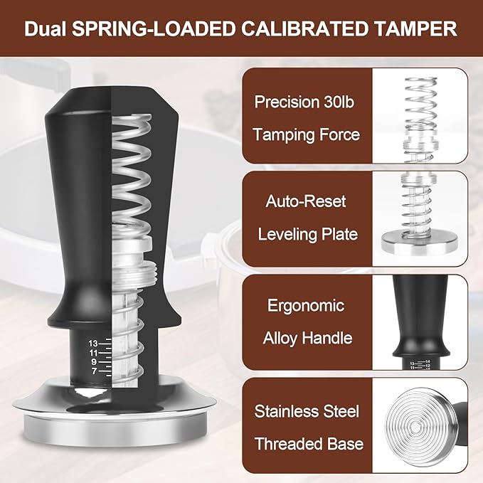 51mm Espresso Tamper Set - Dual-Spring Calibrated Coffee Tamper, 8-Needle WDT Tool Espresso Distribution Tool, Magnetic Aluminum Dosing Funnel, Reusable Puck Screen, Fit for 51mm Portafilters