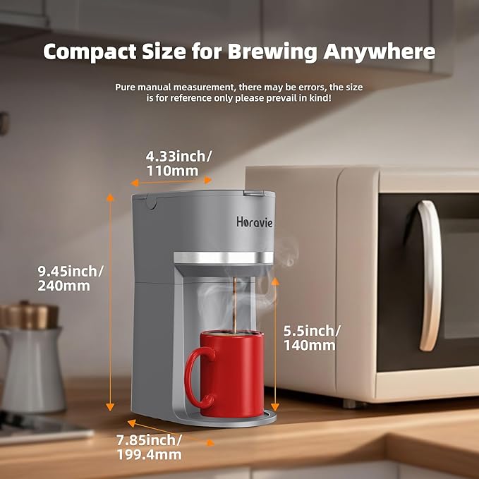 Mini Single Serve Coffee Maker for K Cup and Ground Coffee, Fast Brew One Cup Coffee Machine with Descaling Reminder and Water Window, 6 to 12 oz. Brew Sizes, Grey