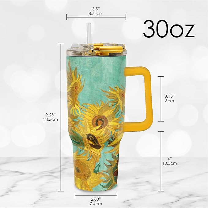 RainCaper 18/8 Stainless Steel Insulated Water Tumbler with Straw | 30oz, BPA-Free, Double Wall for Hot & Cold | Travel-Friendly, Cup Holder Ready (van Gogh Sunflowers)
