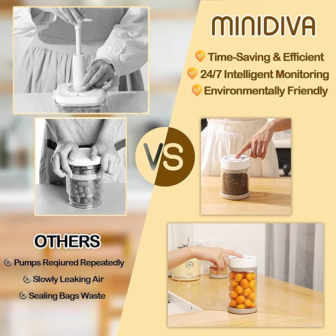 Minidiva Smart Vacuum Container, Automatic Electric Airtight Glass Jar for Food Coffee Storage Meal Prep (950ml)