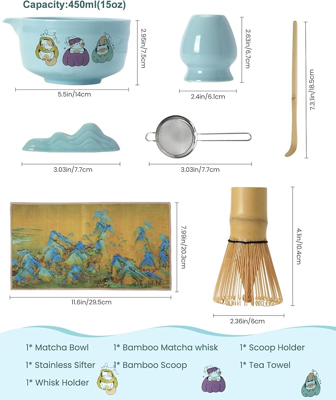 Matcha Whisk Set, Ceramic Matcha Set Includes Matcha Bowl, Matcha Whisk and Holder, Bamboo Scoop, Scoop Rest, Sifter and Tea Towel - 7 Pcs Matcha Kit(Blue)