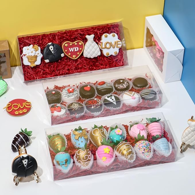 RomanticBaking 40Pcs 12x5x2Inches Clear Easter Cookies Boxes Bakery Box Chocolate Covered Strawberries Boxes Chocoalte Truffle Boxe Macaron Cakesickle Gift Packaging for Christmas Valentine's