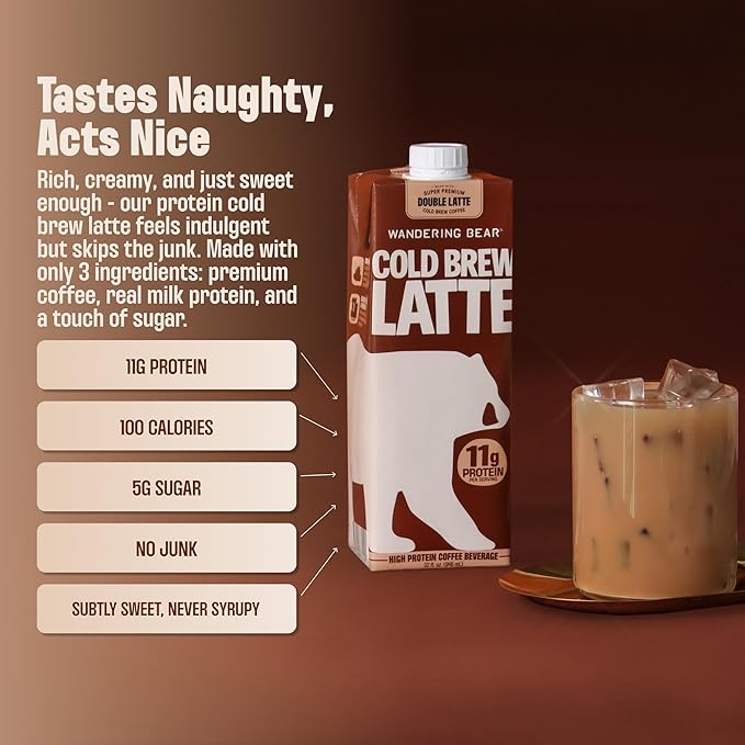 Wandering Bear Double Latte Organic Cold Brew Coffee — 32 fl oz, 6 pack - Creamy High-Protein Cold Brew Latte, 11 g Protein, Only 100 Calories, 5 g Sugar, Double Shot Strength (Shelf-Stable)