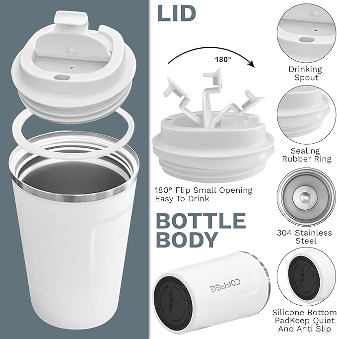 YINBAOGE Insulated Travel Coffee Mug Spill Proof Leak Proof Pobtable To Go Camping Stainless Steel Coffee Tumbler Reusable Coffee Cups with Lids Thermos for Hot and Cold Drink (2nd-White, 17 OZ)
