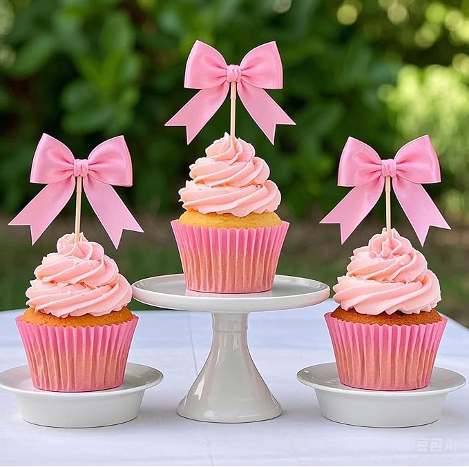 24Pcs Pink Bow Cupcake Toppers - Pink Bow Cake Topper Birthday Decorations, Bowknot Cupcake Picks for Coquette Bow Theme Party Decoration Bachelorette Bridal Engagement Wedding Baby Shower Party Decor