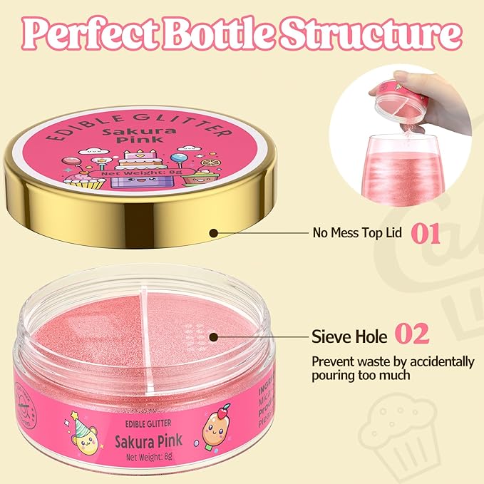 Nomeca Edible Glitter for Drinks Cakes, 8 grams Food Grade Luster Dust Sprinkles Glitter for Cake Decorations, DIY Cocktails, Beverages & Cake Decorating, Dessert Cake Topper (5-Sakura Pink)
