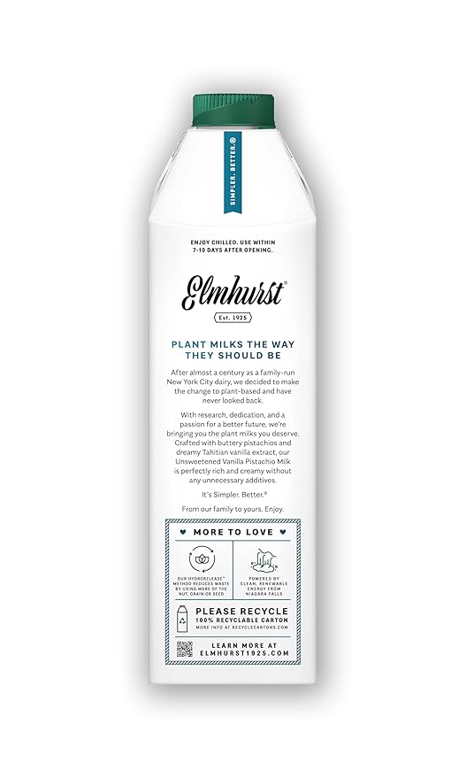 Elmhurst 1925 Vanilla Pistachio Milk Unsweetened - 32 Ounce (Pack of 6) Dairy-Free, Vegan, Kosher, Shelf Stable Milk Made w/Vanilla, Water & Pistachio for Healthier, Simpler Plant-Based Alternatives