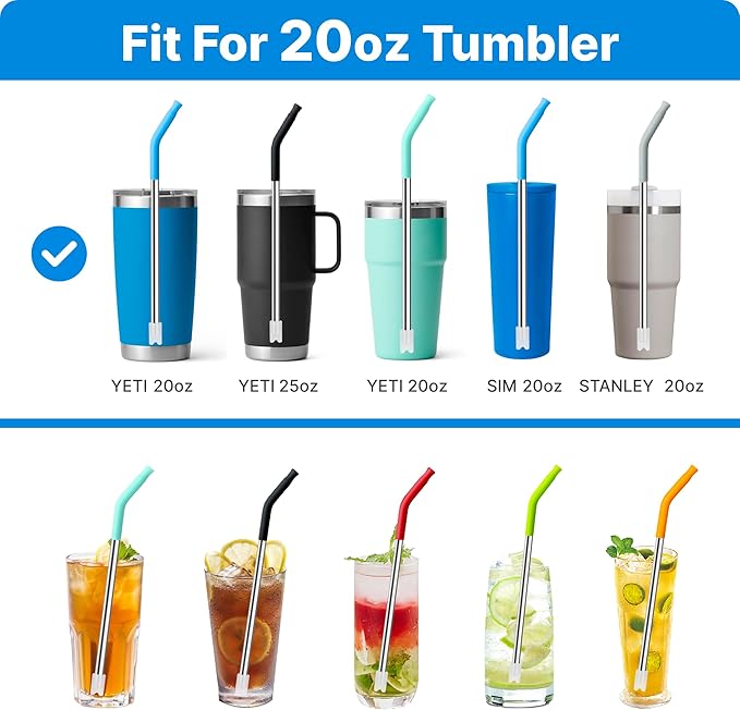 Stainless Steel Straws for 20 oz YETI Tumbler, 4 Pcs Metal Straws Reusable with Silicone Tip for 20 oz Stanley Cup and 16 oz Glass Cups(Color 1)