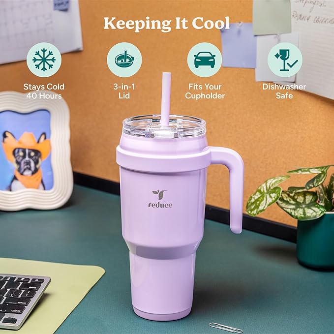 Reduce 40 oz Stainless Steel Tumbler with Handle - Dual-Wall Vacuum Insulated Travel Mug, Sweat-Proof Lid & Reusable Straw - Keeps Drinks Cold for 24 Hrs, Fits Cupholders, Dishwasher Safe-Mineral Blue