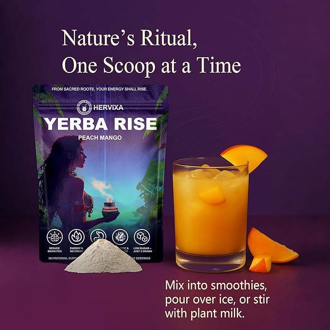 Yerba Mate Peach Mango Energy Tea Powder – Clean Plant-Based Focus Drink with Probiotics & Adaptogens – Low Sugar, No Crash, Smooth Taste – 30 Refreshing Servings