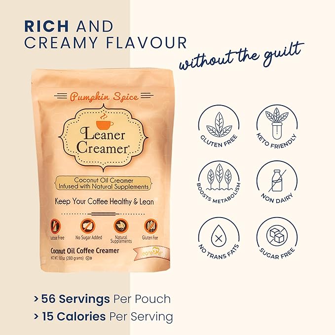 Leaner Creamer Coconut Creamer with Superfood Ingredients – Non-Dairy, Sugar-Free, Keto, Gluten-Free Powdered Coffee Creamer – Pumpkin Spice – 280g