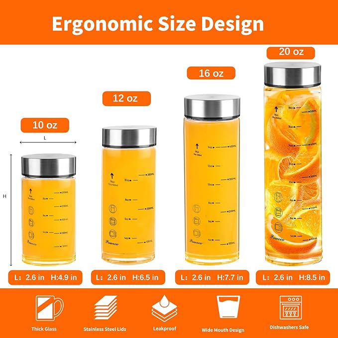 Glass Juice Bottles 6 Pack 12 oz - Wide Mouth Glass Water Bottles with Lids - for Juicing, Protein, Smoothie, Milk, Reusable, BPA Free, Stainless Steel Lids, Blender, Shaker Bottle [12oz/400ml]