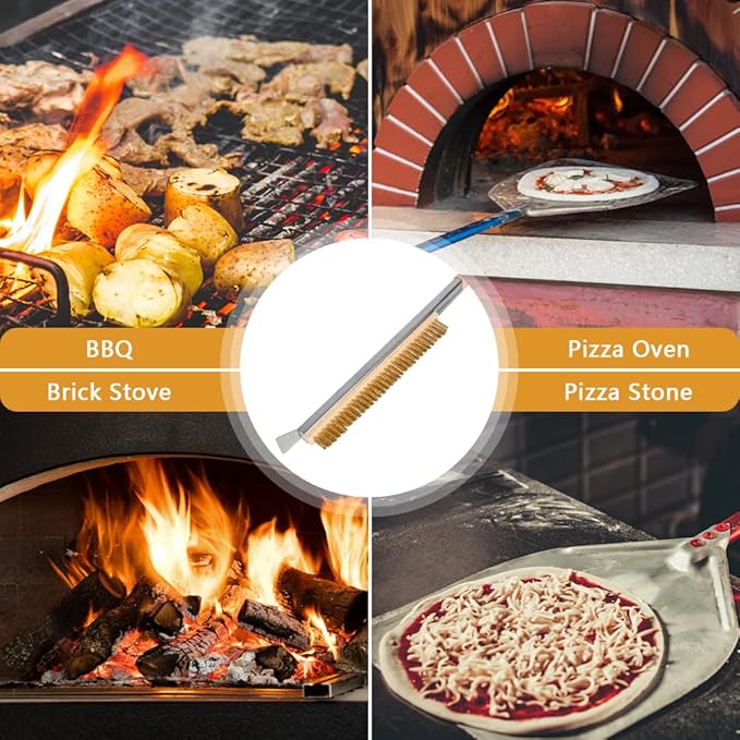 Pizza Oven Brush, 21" Brush and Stainless Steel Scraper for Pizza Stone, BBQ Grill Cleaning Brush Non Scratch Heat Proof Brass Bristles with Screwdriver, Outdoor Pizza Oven and Accessories