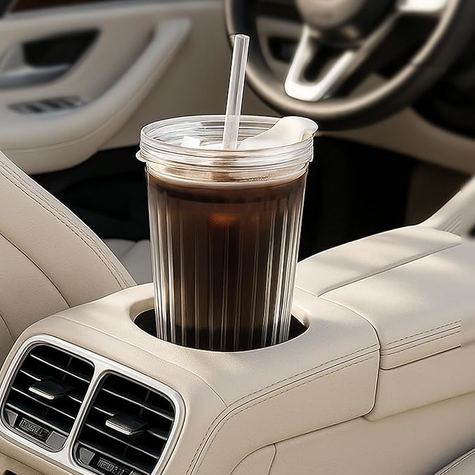 WERTIOO 20 Oz Ribbed Glass Tumblers with Straw and Lid, Glassware Drinking Glasses Set of 2, Leak Proof Ice Coffee Cups Reusable, Thickened Glass, Ideal for Iced Coffee, Smoothies and Juices
