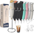 Milk Frother With Stand Handheld Frother Wand Drink Mixer Handheld Coffee Stirrers Electric Frother for Coffee Mixer Wand with 2 Whisk frother for protein powder-White/Gold