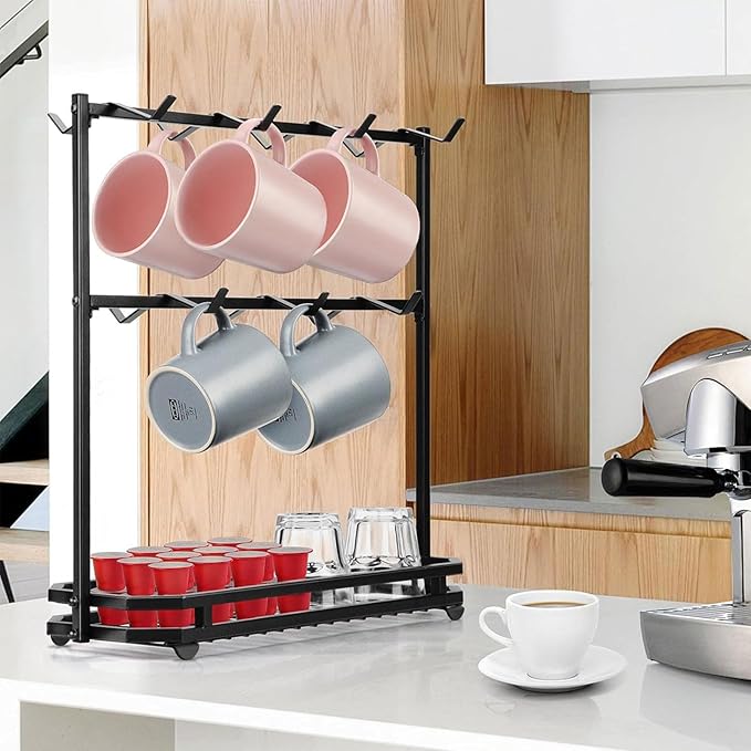 FANGSUN Large Coffee Mug Holder Stand Countertop, Tree Rack for 14 Mugs, 2 Tier Counter Display Storage, Metal Wire Tea Cup Holder for Coffee Station Kitchen Organizer, Not Included Mugs