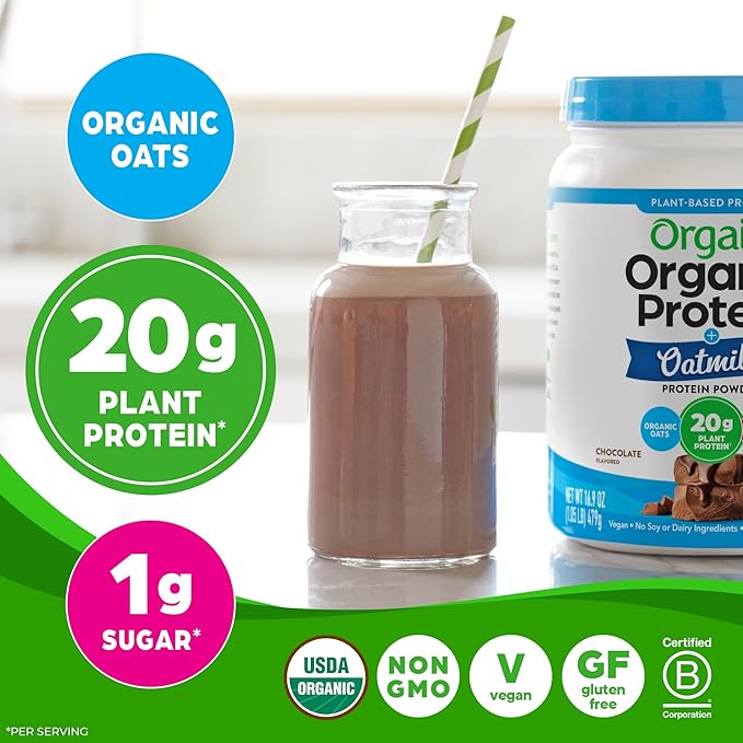 Orgain Organic Vegan Protein Powder + Oat Milk, Chocolate - 20g Plant Based Protein, Gluten Free, No Dairy, Soy or Lactose Ingredients, Low Sugar, Non-GMO, Kosher, For Shakes & Smoothies - 1.05lb