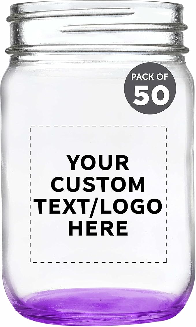 DISCOUNT PROMOS Custom Decorating Mason Jars 12 oz. Set of 50, Personalized Bulk Pack - Glass Jars for Overnight Oats, Candies, Fruits, Pickles, Spices, Beverages - Purple