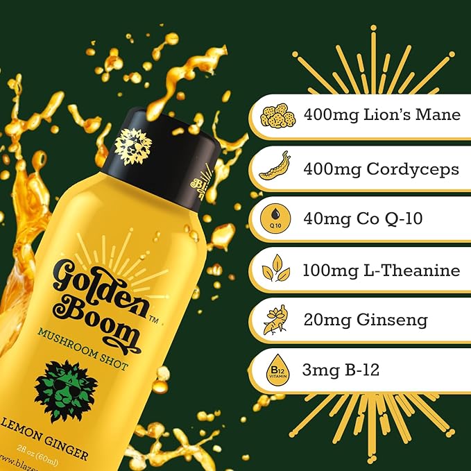 Blaze n Chill Golden Boom Mushroom Shot – Focus & Endurance Drink with Lion's Mane, Cordyceps, B-12 & Ginseng – Natural Mushrooms - Lemon Ginger (2fl oz, 6 Pack)