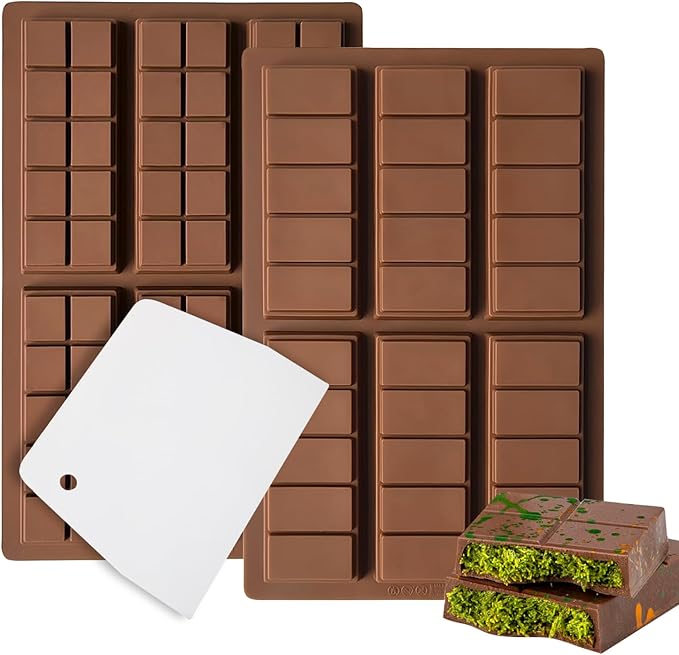 2 Pack Chocolate Bar Mold Deep for Stuffed Bar, Non-Stick Thick Chocolate Molds, Silicone Chocolate Candy Molds for Knafeh Pistachio Chocolate Bar, Candy, DIY Handmade Gifts (5 Snap+10 Snap)