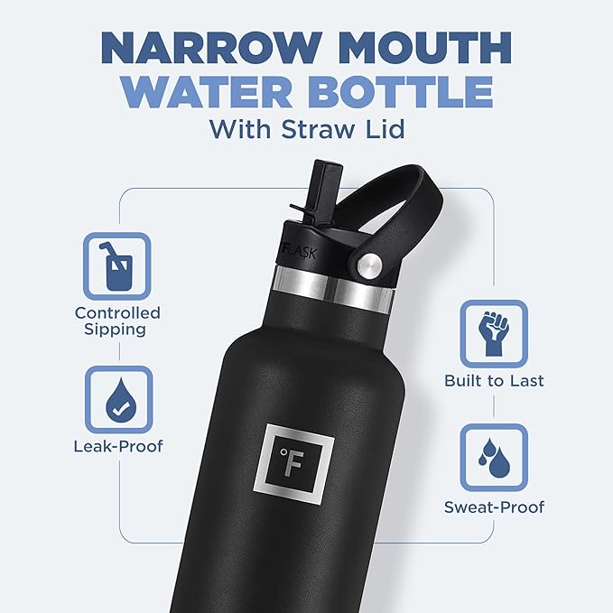 IRON °FLASK Sports Water Bottle - 24 Oz - 3 Lids (Narrow Straw Lid) Leak Proof Vacuum Insulated Stainless Steel - Hot & Cold Double Walled Insulated Thermos, Durable Metal Canteen