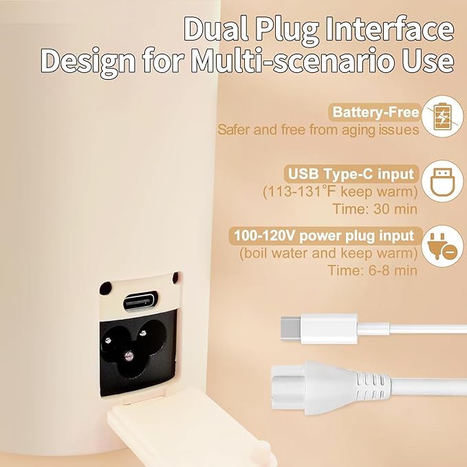 Travel Mini Kettle Portable Electric Kettle with Plug-in Boiling & Keeps Warm via USB, Small Water Boiler with 4 Temperature Settings, 304 Stainless Steel with Auto Shut-off 16oz(Beige)