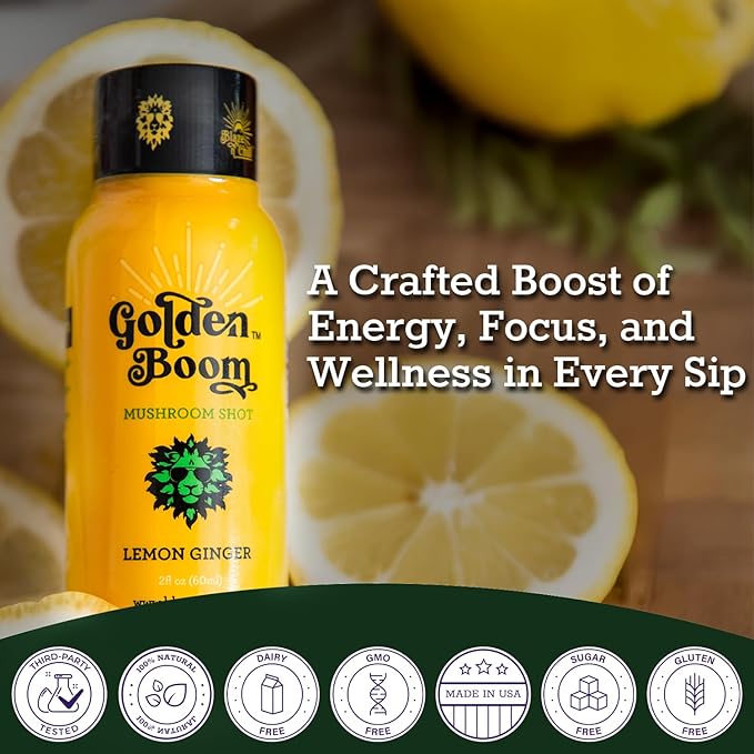 Blaze n Chill Golden Boom Mushroom Shot – Focus & Endurance Drink with Lion's Mane, Cordyceps, B-12 & Ginseng – Natural Mushrooms - Lemon Ginger (2fl oz, 6 Pack)