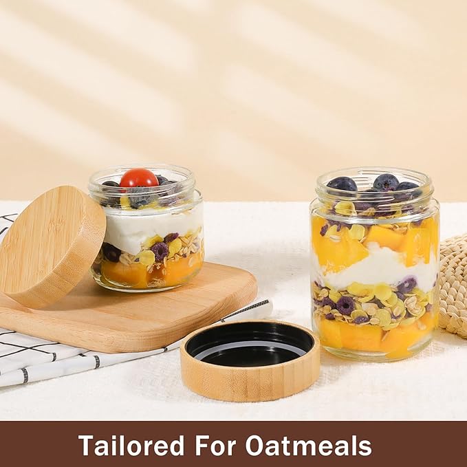 OcePor 4 Pack Glass Jars with Bamboo Lids, Over Night Oats Container with Airtight Lid, Glass Snack Storage Salad Jars For Food, Yogurt, Sugar and Flour,Coffee Bean, Cookie, Cereal