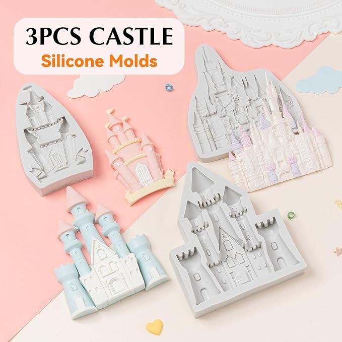 KALAIEN Castle Silicone Mold,3Pcs/Set Castle Cake Fondant Molds,Princess Chocolate Molds Castle Silicone Mirror Mould for Cake Decorating, FTM5036