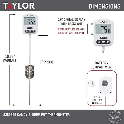 Taylor Programmable Digital Candy and Deep Fry Thermometer with Green Light Alert Display, Long Stem, and Adjustable Pan Clip, White
