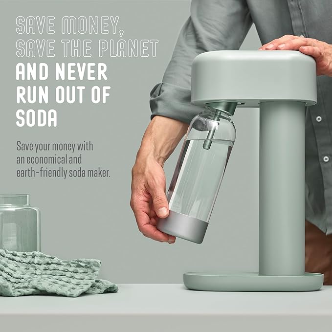 Mysoda Ruby 2 Sparkling Water Maker - Soda Streaming Machine Silent Carbonated Water Machine Robust Long-Lasting Aluminium Soda Maker 1L Water Bottle Without CO2 Cylinder - Sage Green Soda Machine