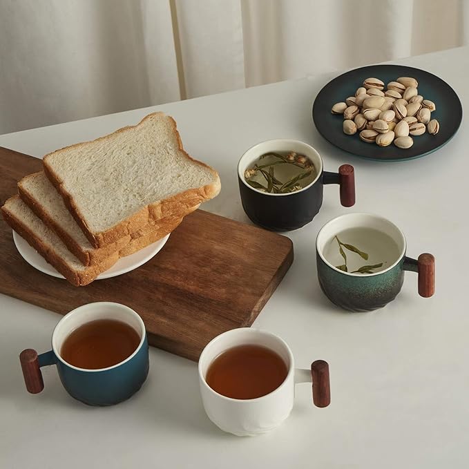 6oz Ceramic Espresso Cups with Wooden Handle, Small Coffee Cups for Latte Cappuccino, Tea Cups Set of 4