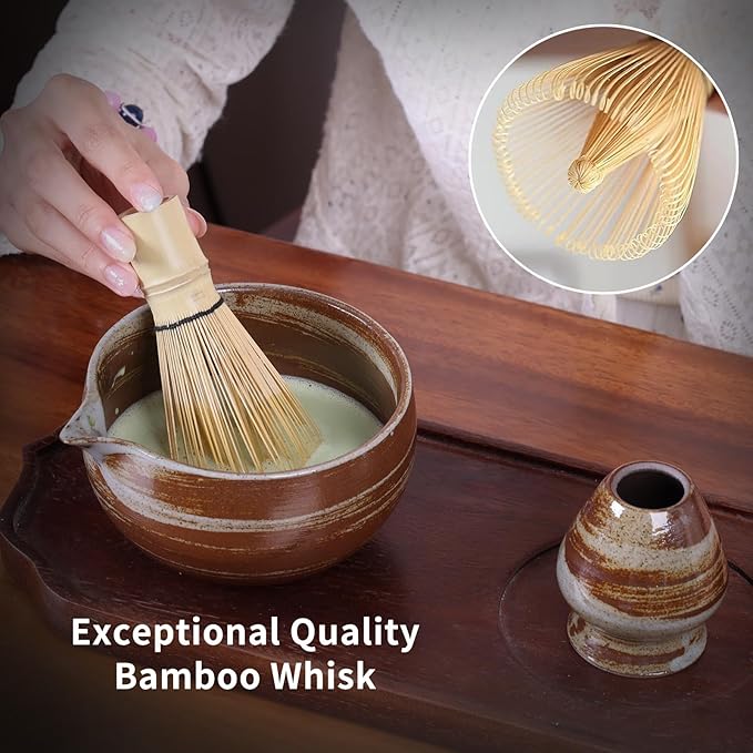 Japanese Matcha Whisk Set - 6-Piece Kit with Bamboo Chasen, Matcha Ceramic Bowl with Spout, Stainless Steel Sifter Brown