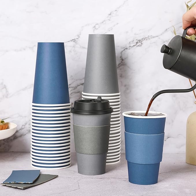 LITOPAK 100 Pack 16 oz Disposable Paper Coffee Cups with Lids, Sleeves and Stirring Sticks for Hot Coffee, Water or Juice, Blue and Gray Hot Paper Cups for Cafes, schools, offices, shops
