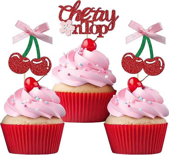 24 Pack She's the Cherry On Top Cupcake Toppers, Glitter Cherry Sweet Cake Pick for Fruits Theme Baby Shower and Bridal Shower Decorations Supplies (Ribbon Top)